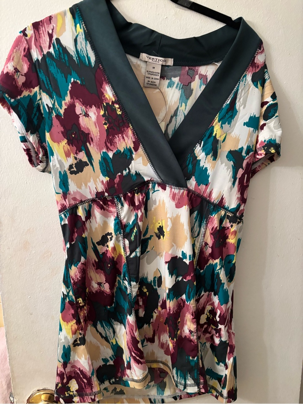 Vertigo Paris Abstract Floral V-Neck Tunic in Teal, Plum and Cream